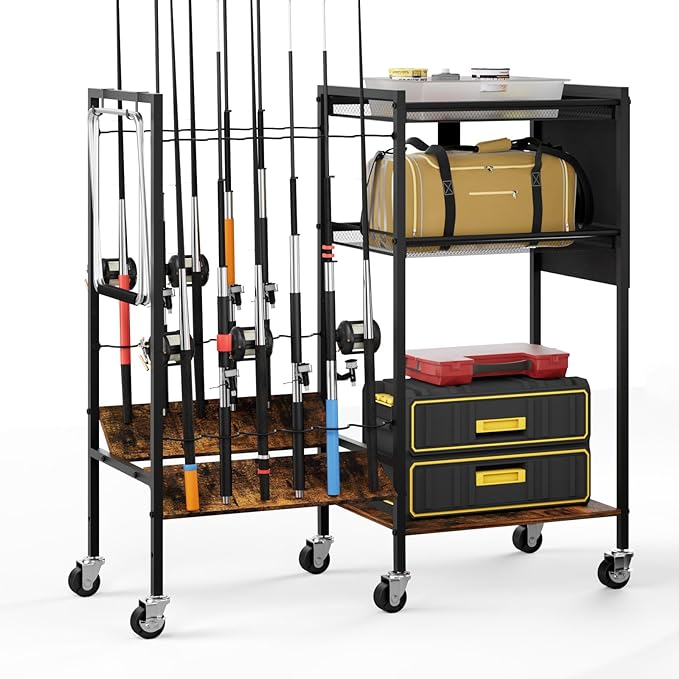 jsluiiys fishing rod rack fishing equipment storage rack with wheels fishing gear shelf up to 12 rods fishing