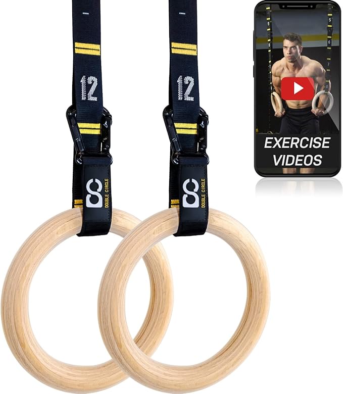 double circle wood gymnastics rings with quick adjust numbered straps and exercise videos guide full body