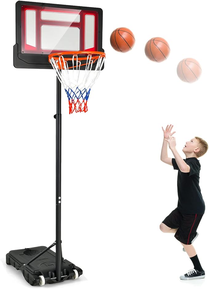 goplus portable basketball hoop basketball goal with 4 3 ft 8 2 ft adjustable height ball storage indoor