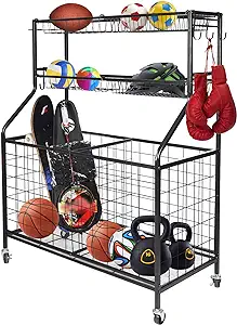 rolling garage sports equipment organizer with baskets and hooks ball storage rack on wheels sports ball gear