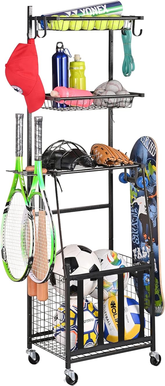 mythinglogic 4 tier sports equipment storage organizer for garage rolling sports ball storage cart with