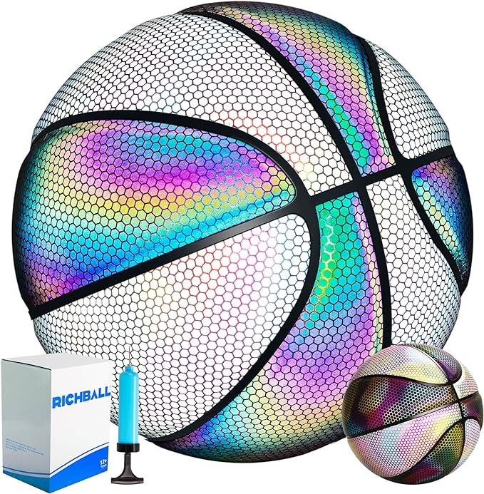 Richball Holographic Glowing Reflective Basketball Size 7 Luminous Basket Ball For Night Game Indoor Outdoor Glow In The Dark Basketball Ball Gifts For Boys Girls Men Women