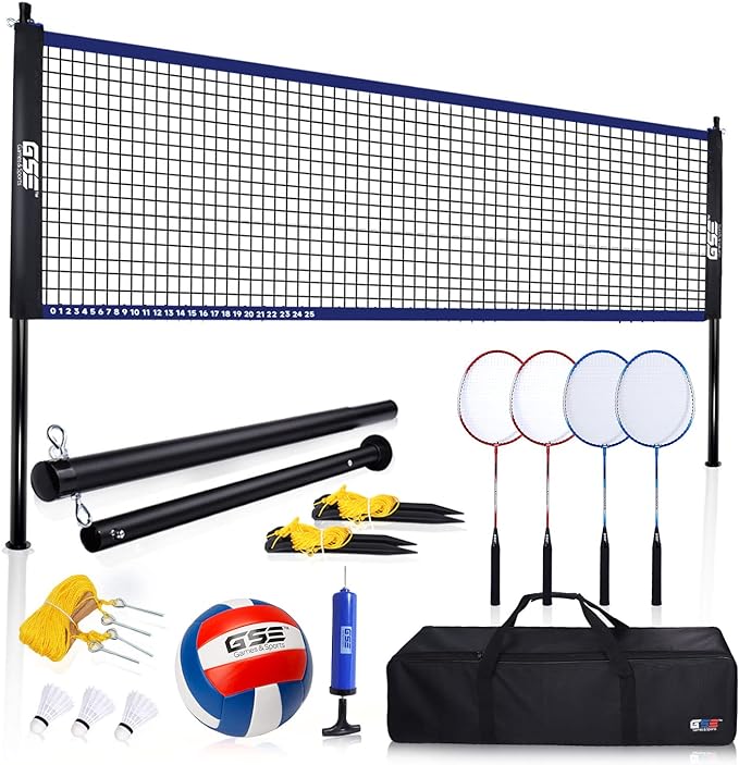 gse portable badminton volleyball combo set for backyard lawn/beach with volleyball/badminton net pu