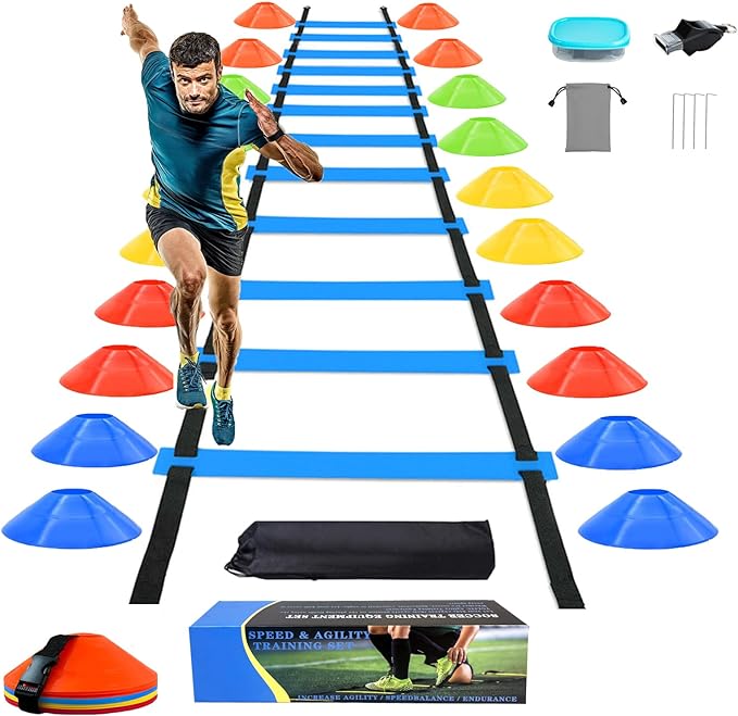 tgltic soccer agility training equipment set includes 1 agility ladder 20 soccer cones 4 steel stakes
