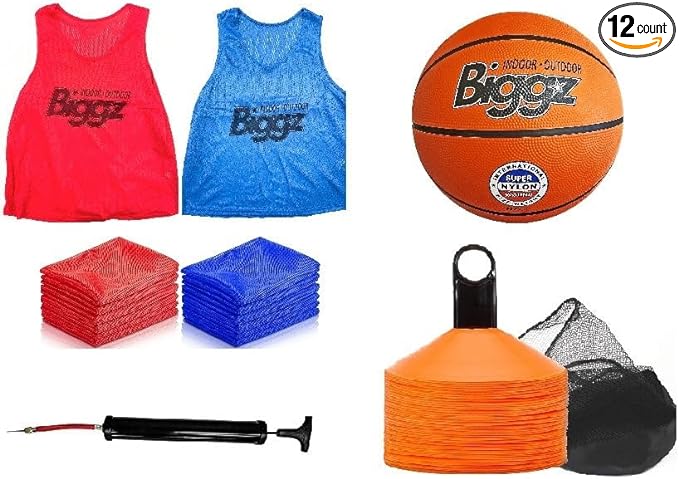 biggz basketball starter kit 12 24 or 48 mesh colored vest with size 6 basketball and pump plus bonus 25