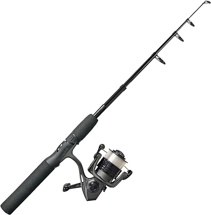 Zebco Ready Tackle Spinning Reel And Telescopic Fishing Rod Combo 17 Inch To 5 Foot 6 Inch Telescopic Fishing Pole Size 20 Fishing Reel Pre Spooled 8 Pound Fishing Line 53 Piece Tackle Kit Black