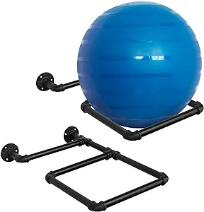 mygift wall mounted exercise ball rack black industrial pipe yoga stability ball storage display holder for