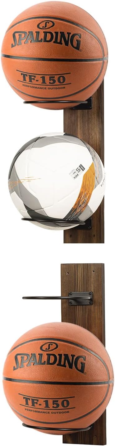 mygift 4 ball rustic burnt wood and round black metal wall mounted 2 tier multi sports ball holder display