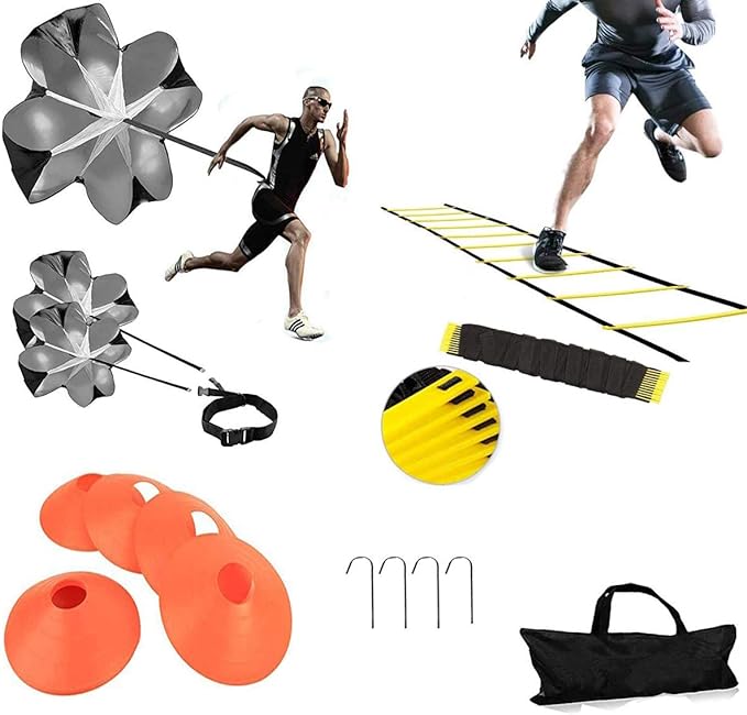 speed agility training kit 12 rung 20ft agility ladder 5 round training cones resistance parachute 4 metal
