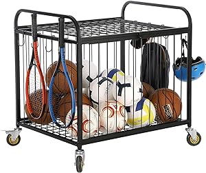 mygift black metal rolling multi sports ball cage storage hopper gym equipment basket cart with lockable