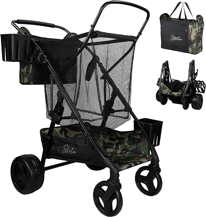 Strolee Large Wheeled Collapsible Beach Cart For Soft Sand Fishing Camping And Garden Lightweight Rust Free Aluminum Frame Removable Personal Item Storage X L Capacity And Cooler Rack Camo