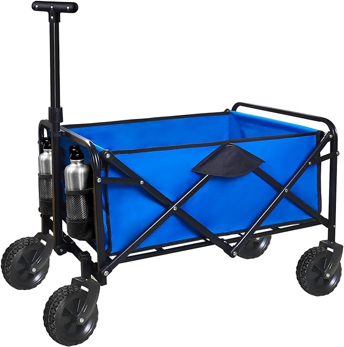 Hhxrise Collapsible Folding Wagon Beach Cart With Wheels Foldable Utility Heavy Duty Wagon With Portable Large Capacity Adjustable Handle Side Pockets For Camping Shopping Garden Picnic Blue