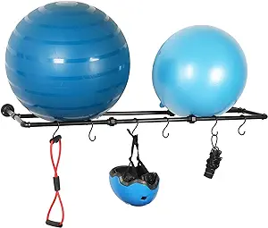 mygift industrial matte black metal wall mounted exercise yoga ball storage rack with 6 s hooks for fitness