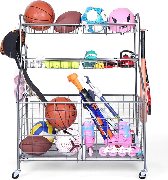 Kinghouse Garage Sports Equipment Organizer Sports Equipment Storage For Garage With Baskets And Hooks Rolling Basketball Racks For Balls With Wheels Outdoor Toy Storage Grey Steel