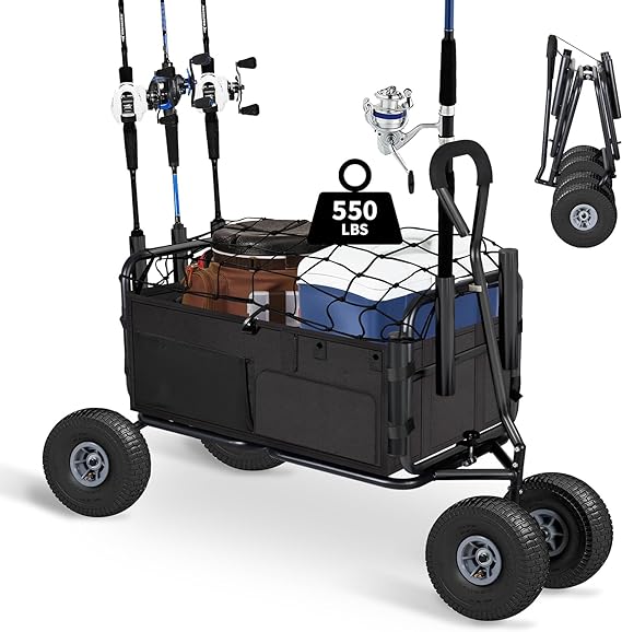 collapsible fishing cart w/11 all terrain wheels for sand 550lb large capacity beach wagon heavy duty garden