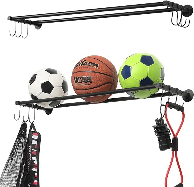 mygift modern wall mounted rectangular black metal sports ball holder with hanging hooks gym wall organizer