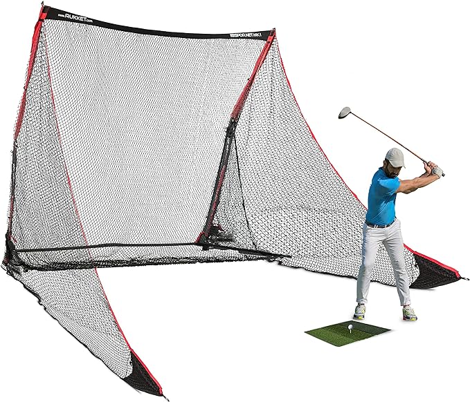 rukket spdr 4pc golf practice bundle professional grade 10x7ft driving net tri turf hitting mat barrier