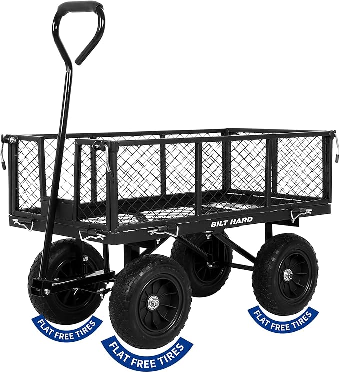 bilt hard 400 lbs 10 flat free tires steel garden cart with 180 rotating handle and removable sides 4 cu ft