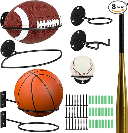 wettarn 8 pcs sport ball holder wall mount pack metal wire including basketball holder baseball football