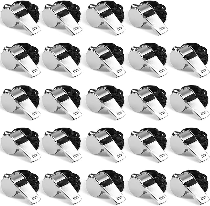 whistle 24 pcs professional stainless steel whistles with lanyards in bulk very loud metal sports whistle