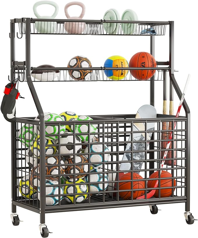 Gillas Basketball Rack Ball Storage Rack Garage Organizer Sports Equipment Sports Gear Storage For Sports Gear/Toys For Indoor/Outdoor Black