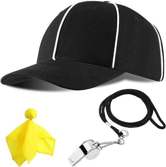 adjustable black with white stripes soccer cap official referee hat and stainless steel whistle with lanyard