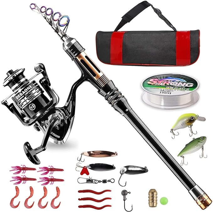bluefire fishing rod kit carbon fiber telescopic fishing pole and reel combo with spinning reel line lure