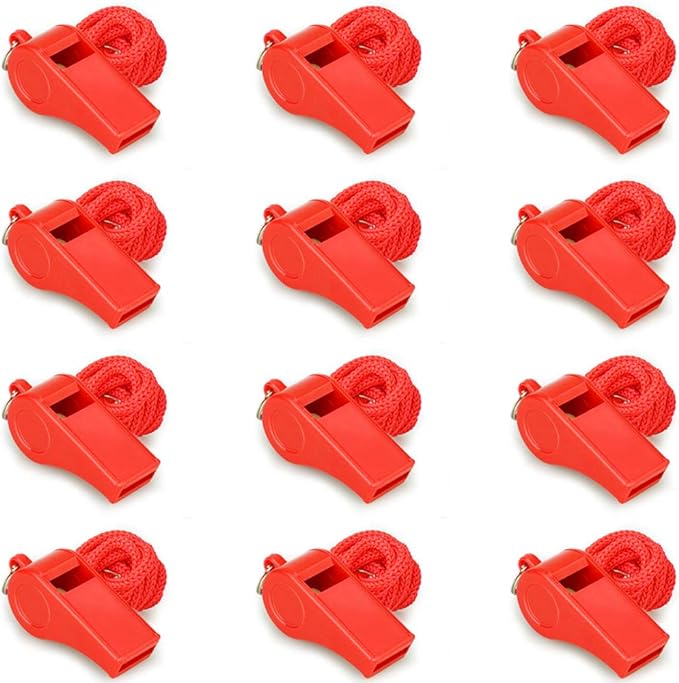 hipat whistle 12pcs red plastic whistles with lanyard loud crisp sound whistles bulk ideal for coaches