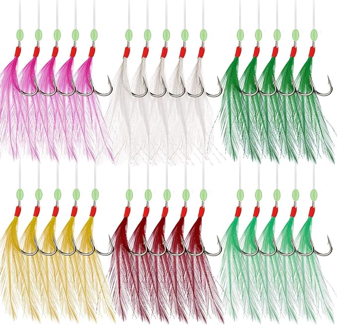 rodeel 12 packs/60 hooks mackerel feathers sea boat beach pier lure fishing rigs 5 hook positions/feather rig