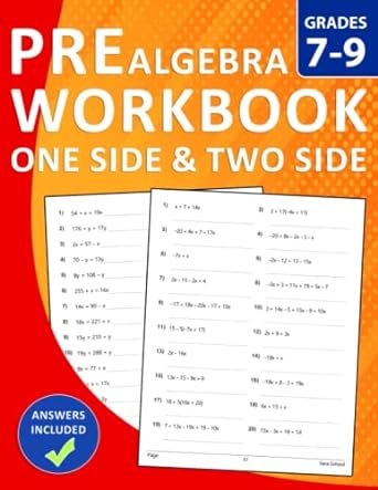 pre algebra workbook one side and two side grades 7 9 1st edition sara school 979-8392575084