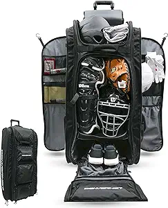 powernet optimus catcher s bag rolling equipment bag holds all baseball softball gear 7 internal bat sleeves