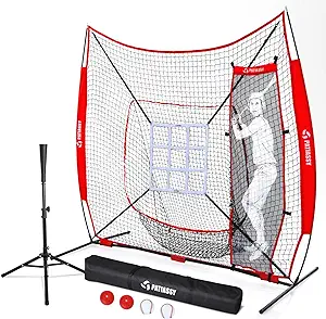 patiassy 7 ft x 7 ft baseball softball hitting pitching practice net with batting tee and batter portable