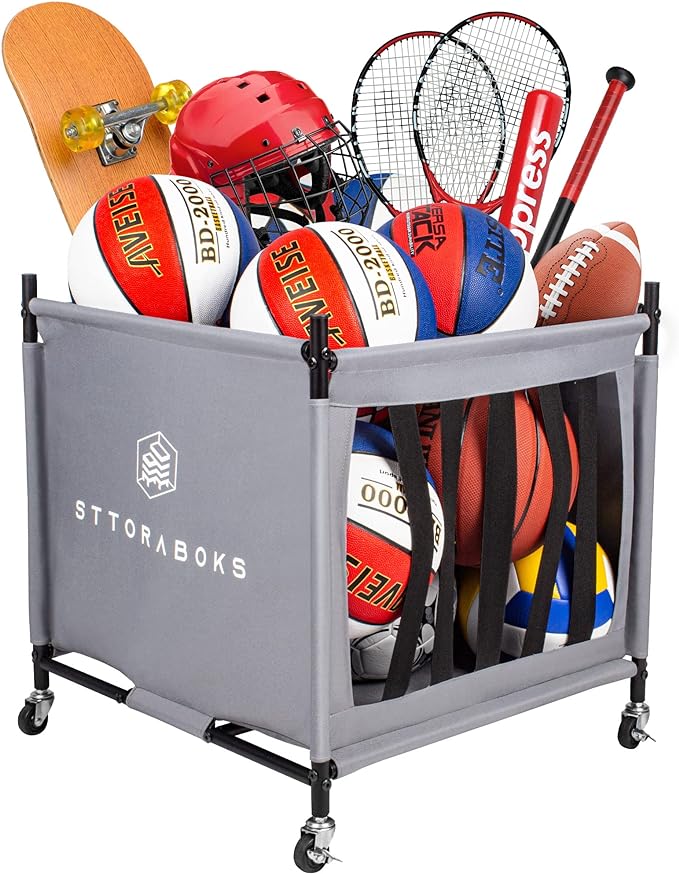 sttoraboks sports ball storage cart with wheels lockable ball organizer basket with elastic straps stackable