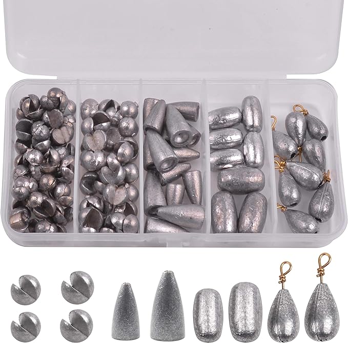 106pcs Fishing Sinker Weights Kit Assorted Bass Casting Split Sinkers Freshwater Saltwater Accessories With Tackle Box