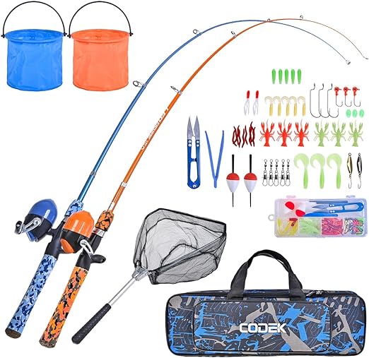 codek kids fishing pole set with full starter kits 2 set portable telescopic fishing rod and spincast reel