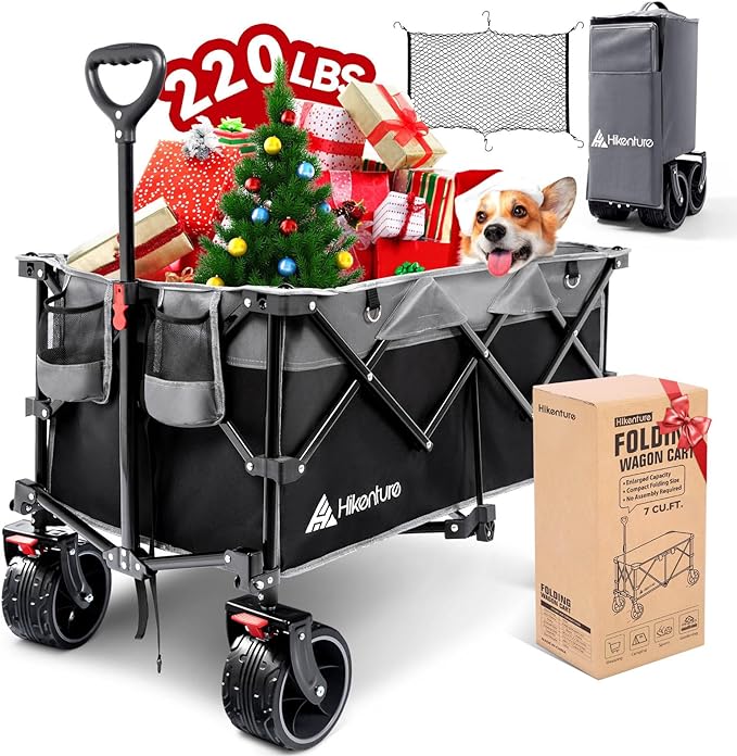 hikenture collapsible wagon cart with cargo net 220lbs capacity beach wagon with big wheels for sand heavy