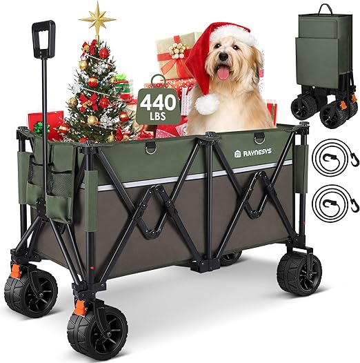 Raynesys Wagons Carts 440 Lbs Heavy Duty Foldable Beach Cart With Big Wheel For Sand Collapsible Wagon With 200l Capacity For Camping Sports Shopping Army Green+Brown