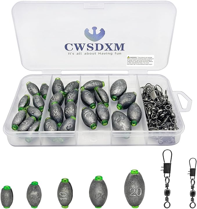 cwsdxm fishing weights sinkers fishing worm weights assorted set 50 pcs bullet sinkers cannonball and pencil
