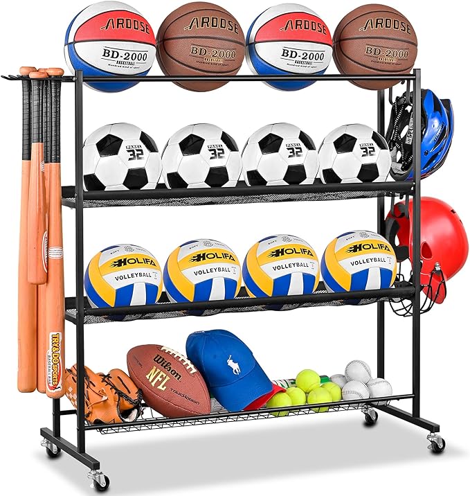 mythinglogic basketball rack ball storage with baseball bat holder rolling ball rack with removable nylon