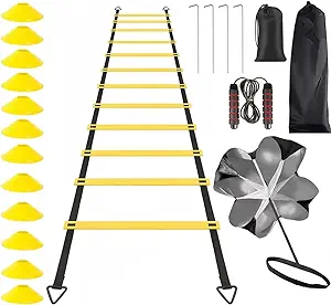 Agility Ladder Training Set Exercise Equipment Kit Includes Adjustable 12 Rung 20ft Agility Ladder 4 Steel Stakes 1 Skipping Rope Resistance Parachute With Carry Bag Parachute And 12 Cones For Ba