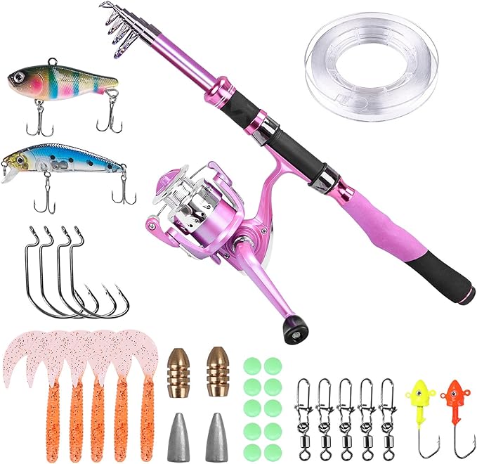 ladies telescopic fishing rod and reel combos spinning fishing pole pink designed for ladies fishing girls