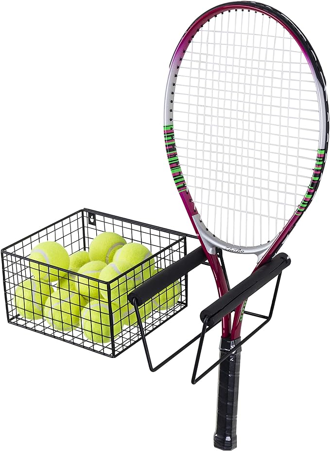 mygift hanging metal tennis racquet and tennis ball storage basket rack wall mounted racket holder  ?mygift