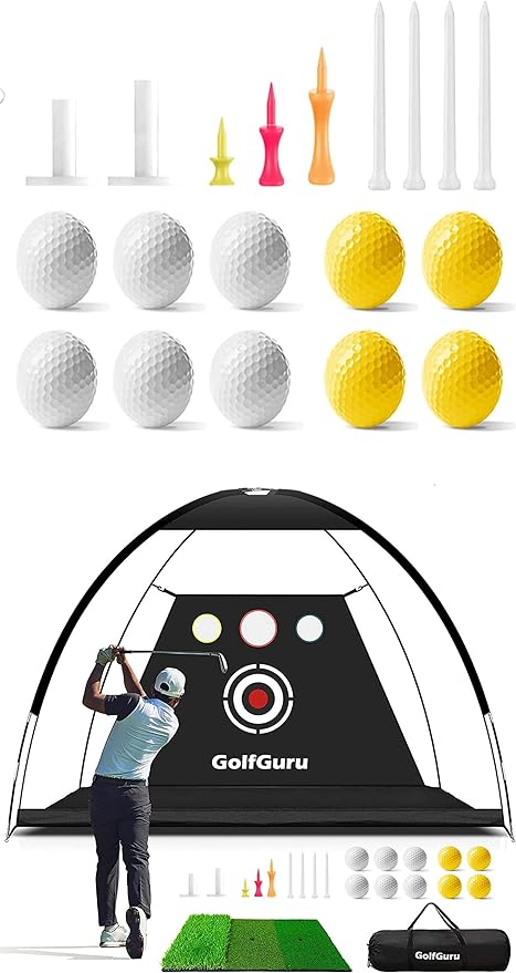 golfguru 10x7ft golf practice net with tri turf golf mat + 10 golf practice foam balls 7 golf tees and 2