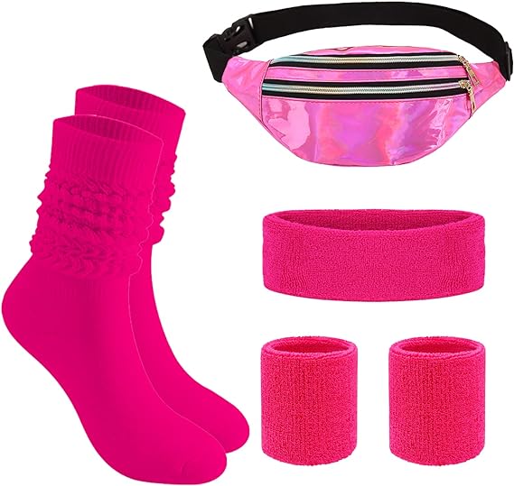 80s neon sweatband set pink sports headband wristband long slouch socks shiny running waist bag for yoga