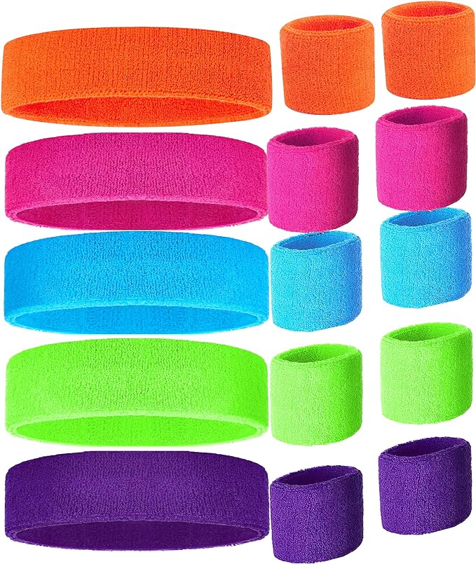 workout headbands for women and men sweatbands for women with wristbands set of 5 colorful neon sweatbands