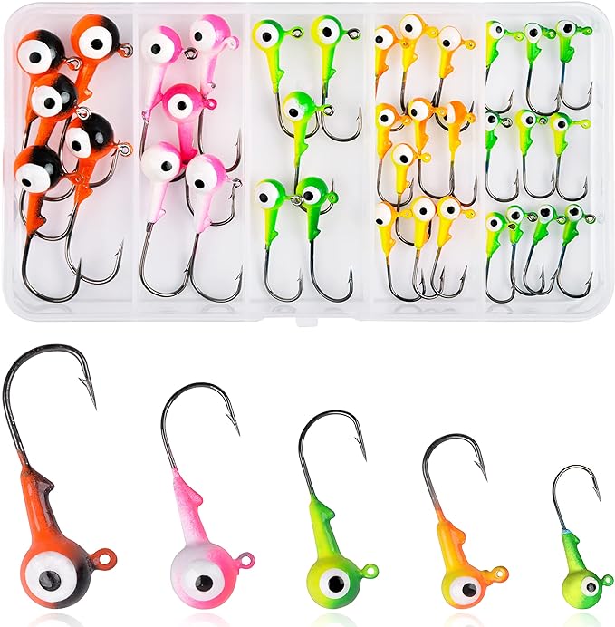Fishing Jig Heads Hooks Kit 35/60pcs Fishing Lures Jig Heads With Ball Head Crappie Jig Heads Fishing Jig Hooks For Bass Trout Soft Worm Shrimp Lures Freshwater Saltwater