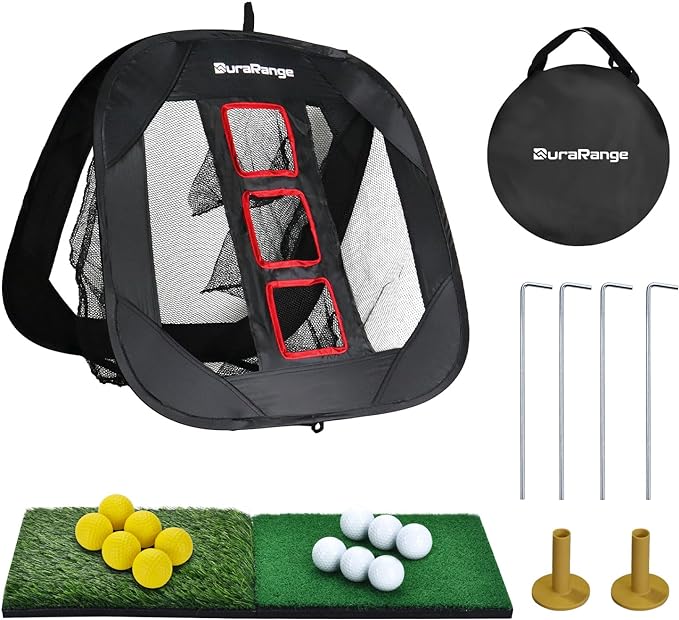 durarange pop up golf chipping net set foldable training kit with 2 hitting mats 6 practice balls 6 foam