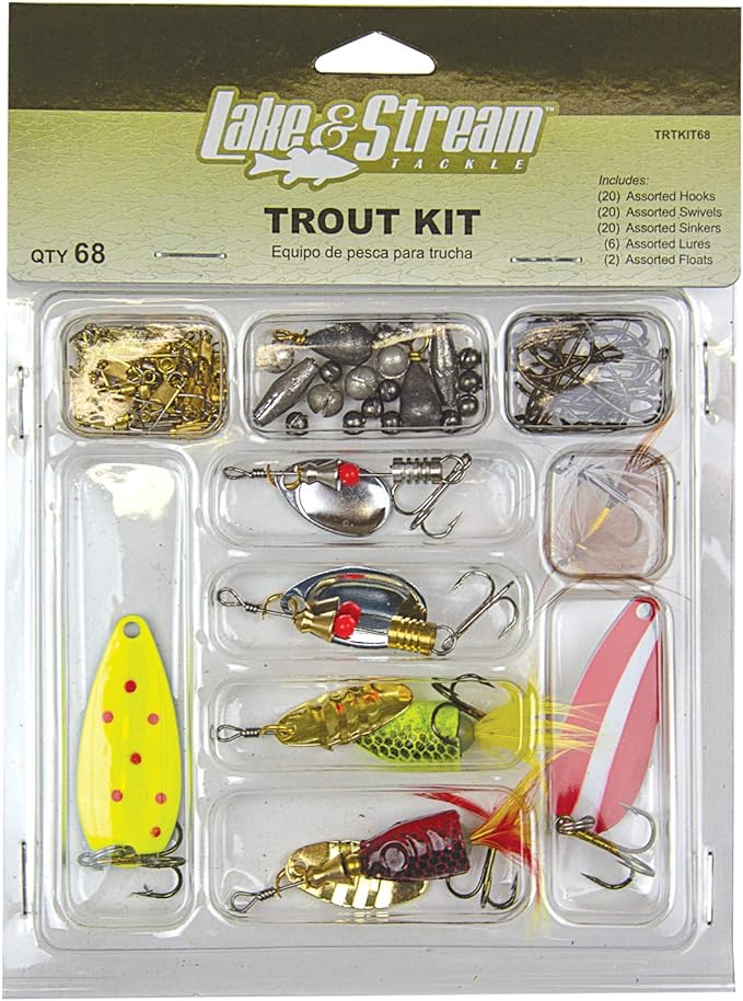 eagle claw trout tackle kit 68 pieces contains assortment of hooks tackle and rigs for fishing freshwater