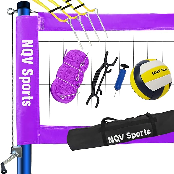 nqv professional heavy duty outdoor volleyball net set with adjustable 3 levels height steel poles anti sag