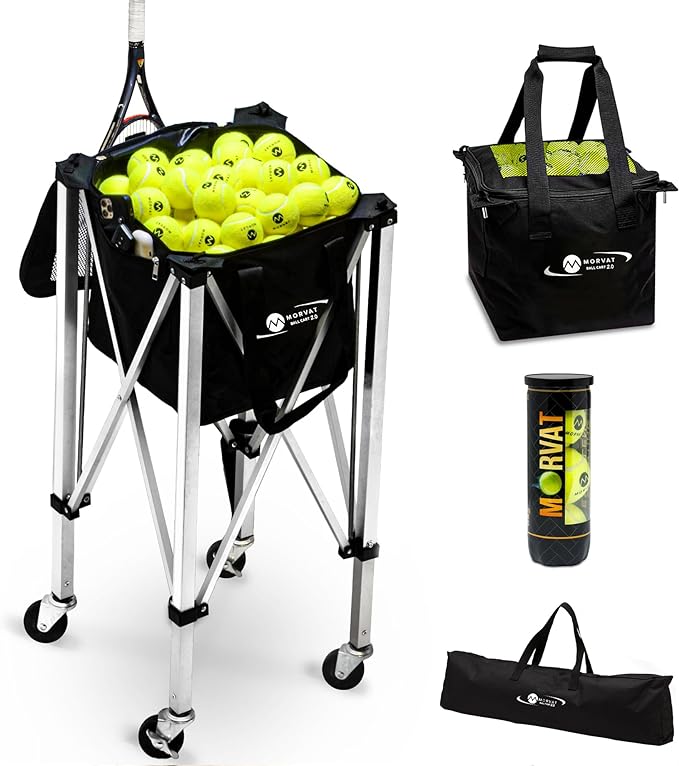 morvat heavy duty pro tennis ball cart 2 0 holds 165 tennis balls premium practice hopper pickleball compact